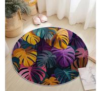 Washable Round Area Rug 60 cm, Colorful Soft Fluffy Circle Carpet, Close-Up Tropical Leaves Monstera Printed Short Pile Non Slip Round Rugs for Entryway Living Room Bedroom