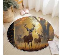 Washable Round Area Rug 60 cm, Colorful Soft Fluffy Circle Carpet, Nature Close-Up Autumn Woods Deer Printed Short Pile Non Slip Flannel round rugs for Entryway Living Room Bedroom