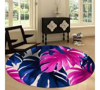 Washable Round Area Rug 60 cm, Exotic Style Soft Fluffy Circle Carpet Rug - Plants Powder Blue Palm Leaves Printed Short Pile Non Slip Floor Round Carpet for Entryway Living Room Bedroom