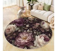 Washable Round Area Rug 60 Cm Non Slip Thin Circle Carpet Elegant Peony Round Rugs Retro Floral Soft Carpet Mixed Colors For Bedroom Living Room Hallway Office