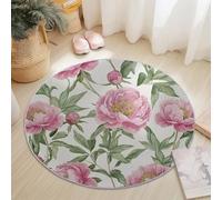 Washable Round Area Rug 60 cm, Pink Green Soft Fluffy Circle Carpet, Watercolor Flowers Peony Leaves Printed Short Pile Non Slip Round Rugs for Entryway Living Room Bedroom