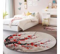 Washable Round Area Rug 60 cm, Traditional Chinese Style Red Plum Blossoms Fluffy Fuzzy Bedroom Indoor Carpet - Pink Soft Non-Slip Circle Rugs for Kitchen Entryway Children's Room Decor
