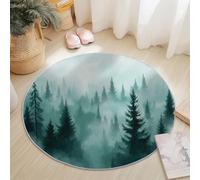 Washable Round Area Rug 60 cm, Turquoise White Soft Fluffy Circle Carpet, Nature Watercolor Forest Landscape Clouds And Mist Printed Short Pile Non Slip Flannel rugs for Entryway Living Room Bedroom