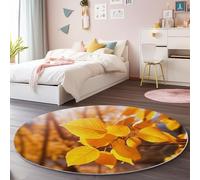 Washable Round Area Rug 60cm, Soft Fluffy Low-Pile Non-Shedding Autumn Twigs Yellow Leaves Printed Non-Slip Yellow Brown Round Rugs - for Kids Bedroom Nursery Carpet