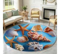 Washable Round Area Rug 90 cm/3ft Realistic Photography Soft Circle Carpet Printed Beach Starfish Shell Short Pile Non Slip Floor Rugs for Entryway Living Room Bedroom Beside Sofa Office (Blue)