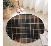 Washable Round Area Rug 90 cm, Dark Grey Orange Soft Fluffy Circle Carpet, Simple Lines Grid Printed Short Pile Non Slip Round Rugs for Entryway Living Room Bedroom