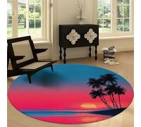 Washable Round Area Rug 90 cm, Nature Photography Soft Fluffy Circle Carpet Rug - Beach Sunset Palm Trees Printed Short Pile Non Slip Floor Round Carpet for Entryway Living Room Bedroom