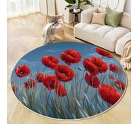 Washable Round Area Rug 90 Cm Non Slip Thin Circle Carpet Red Poppy Round Rugs Pastoral Flower Oil Painting Soft Carpet Sky Blue For Bedroom Living Room Hallway Office