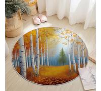 Washable Round Area Rug 90 cm, Orange White Soft Fluffy Circle Carpet, Nature Birch Tree Autumn Leaves Printed Short Pile Non Slip Round Rugs for Entryway Living Room Bedroom