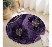 Washable Round Area Rug 90 cm, Purple Gold Soft Fluffy Circle Carpet, Abstract Flowers Marble Lines Printed Short Pile Non Slip Flannel round rugs for Entryway Living Room Bedroom
