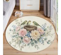 Washable Round Area Rug for Living Room Rose Peony Little Bird 180 cm | Low Pile, Non-Shedding, Soft Cozy Fluffy Light Pink Springtime Pastoral Flower Bird Painting Floor Mat for Kids Room Office