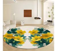 Washable Round Area Rugs 200 cm, Non Slip Washable Rural Plants And Flowers Rug Oil Painting Style Low Pile Floor Carpet Easy Care for Bedroom Living Room Nursery Kids Baby Room