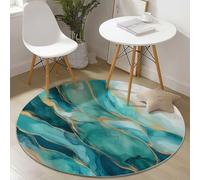 Washable Round Area Rugs Abstract Watercolor Marble Textures Print, Non Slip & Easy Care Circle Rug for Living Room Bedroom Kids Room Decor, Short Pile Fluffy Carpet 60 cm, Blue-Green