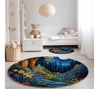 Washable Round Area Rugs for Living Room 160cm, Hand-Drawn Mysterious Forest Flowers Pattern Soft Round Area Rug Non Slip Circle Carpet for Bedroom Under Dining Table Kitchen Home Decor - Dark Blue