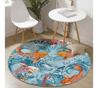 Washable Round Area Rugs Oriental Japanese Art Style Koi Fish Print, Non Slip & Easy Care Circle Rug for Living Room Bedroom Kids Room Decor, Short Pile Fluffy Carpet 160 cm, Light Blue
