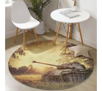 Washable Round Area Rugs Vintage Nostalgia Military Tanks Print, Non Slip & Easy Care Circle Rug for Living Room Bedroom Kids Room Decor, Short Pile Fluffy Carpet 150 cm, Light Brown