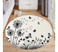 Washable Round Black Area Rug 120cm, Dandelion Butterfly Printed Circle Carpet, Low Pile Non Slip Floor Mat, Soft Simple Silhouette Rug for Bedroom Living Room Sofa Coffee Table Bedside