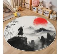 Washable Round Black White Area Rug 90cm, Samurai Bamboo Sun Printed Circle Carpet, Low Pile Non Slip Floor Mat, Soft Eastern Ink Painting Style Rug for Bedroom Living Room Sofa Coffee Table Bedside