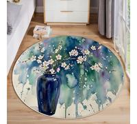Washable Round Blue Area Rug 120cm, Cherry Blossoms Vase Printed Circle Carpet, Low Pile Non Slip Floor Mat, Soft Watercolor Still Life Rug for Bedroom Living Room Sofa Coffee Table Bedside