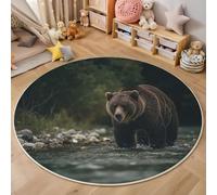 Washable Round Dark Brown Area Rug 150cm, Brown Bear By The River Printed Circle Carpet, Low Pile Non Slip Floor Mat, Soft Nature And Wildlife Photography Rug for Bedroom Living Room Sofa Coffee Table
