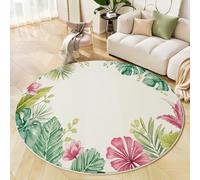 Washable Round Pale Green Area Rug 150cm, Tropical Leaves Flowers Printed Circle Carpet, Low Pile Non Slip Floor Mat, Soft Plants Watercolor Rug for Bedroom Living Room Sofa Coffee Table Bedside