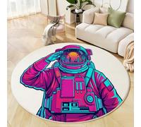 Washable Round Pink Area Rug 60cm, Astronauts Cityscape Printed Circle Carpet, Low Pile Non Slip Floor Mat, Soft Fantasy Futurism Rug for Bedroom Living Room Sofa Coffee Table Bedside