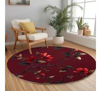 Washable Round Rug - 120 cmVintage Flowers Vines Non-Slip, Short Pile Faux Wool Soft Round Area Rugs for Living Room Bedroom Dining Room Home Decoration Wine Red Carpet