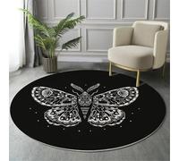 Washable Round Rug 150cm, Moth Pattern Print Non-slip Black White Area Rug for Children’s Room, Easy to Care Minimalist Style Circle Carpet for Girls & Boys Bedroom Playroom Nursery
