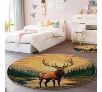 Washable Round Rug 160 cm - Light Brown Non Slip & Shedding Low Pile Circle Carpet with Vintage Forest Elk Pattern, Durable Rugs for Bedroom Living Room Dining Room Office