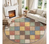 Washable Round Rug 200 cm, Living Room Shabby Chic Non Slip Carpet Playroom | Vintage Distressed Geometric Square Grid Printed Rug for Bedroom Dining Room Office, Soft Taupe Non-Shedding Floor Carpet