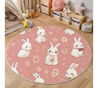 Washable Round Rug 60cm, Cute White Rabbit Flowers Print Non-slip Pink Area Rug for Children’s Room, Easy to Care Cartoons Animals Circle Carpet for Girls & Boys Bedroom Playroom Nursery