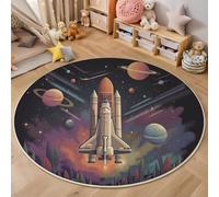 Washable Round Rug 60cm, Space Shuttle Planet Print Non-slip Orange Color Area Rug for Children’s Room, Easy to Care Science Fiction Space Circle Carpet for Girls & Boys Bedroom Playroom Nursery