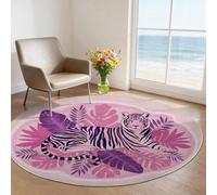 Washable Round Rug 80 cm, Soft Short Pile Hand-Drawn Bohemian Style Tiger Tropical Plants Printed Area Rug with Non Slip Backing Anti-Skid Carpet for Living Room Bedroom Nursery Pink