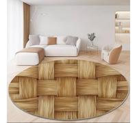 Washable Round Rug 90 cm, Wooden Wicker Texture, Non-Slip Short Pile Carpet, Brown Area Rug Round for Living Room Dining Room Bedroom Kids Room Hallway