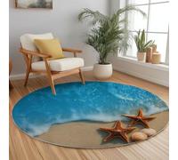 Washable Round Rug - 90 cmSummer Theme Starfish Shells Non-Slip, Short Pile Faux Wool Soft Round Area Rugs for Living Room Bedroom Dining Room Home Decoration Sea Water Carpet