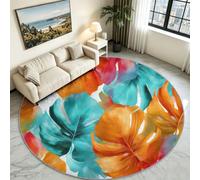 Washable Round Rug Circle Tropical Plant Carpet for Living Room 180 cm | Non-Slip Thin Low-Pile Soft Circular Rug Non-Shedding, Monstera Leaf Leaves for Bedroom, Dining, Office and Kids Room, Blue