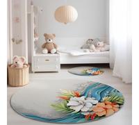 Washable Round Rug for Living Room, 150 x 150 cm Soft Area Rug with Non-Slip Backing, Watercolor 3D Tropical Leaves Flowers Pattern Short Pile Carpets for Bedroom Entrance Dining Room, Light Gray