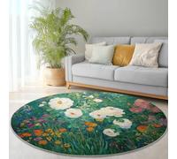 Washable Round Rug for Living Room, 160 cm Soft Area Rug with Non-Slip Backing, Oil Painting Style Garden Plants Pattern Short Pile Carpets for Bedroom Entrance Dining Room Game Room, Green