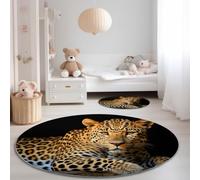 Washable Round Rug for Living Room, 180 x 180 cm Soft Area Rug with Non-Slip Backing, Animal Leopard Photography Pattern Short Pile Carpets for Bedroom Entrance Dining Room Game Room, Dark
