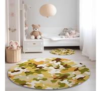 Washable Round Rug for Living Room, 90 x 90 cm Soft Area Rug with Non-Slip Backing, Military Camouflage Pattern Short Pile Carpets for Bedroom Entrance Dining Room Game Room, Brown Green