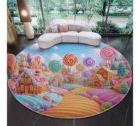 Washable Round Rug for Living Room, Fantasy Candy Fun Amusement Park Low-Pile Circle Rug 100 cm, Soft, Non-Slip Round Area Rugs for Bedroom, Entrance, Kitchen, Kids Room, Multicolored