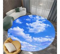 Washable Round Rugs 100 cm Round Area Rug Photography Blue Sky White Clouds Non Slip Circle Low-Pile Floor Carpet, Blue Doormat Soft Rug for Living Room Dinning Room Bedroom