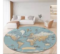 Washable Round Rugs 100 cm, World Map Sailboat Hot Air Balloon Pattern Non-slip Round Area Rug for Living Room, Blue Soft Low-Pile Circle Carpet for Under Dining Table