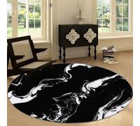 Washable Round Rugs 120 cm, Black and White Marble Fluid Non-slip Round Area Rug for Living Room, Paint Waves Soft Low-Pile Circle Carpet for Under Dining Table