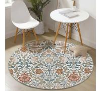 Washable Round Rugs 150 cm, William Morris Floral Leaves Print Circle Area Rugs for Bedroom Kitchen Hallway, Non Shedding Soft Round Carpet with Upgrade Anti-Slip Material, Beige