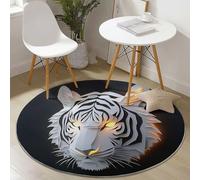Washable Round Rugs 160 cm, 3D Tiger Head Pattern Non-slip Round Area Rug for Living Room, Black Soft Low-Pile Circle Carpet for Under Dining Table
