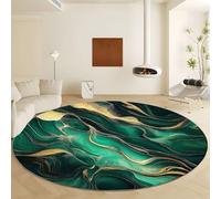 Washable Round Rugs 180 cm, Abstract Marble Wave Line Non-slip Round Area Rug for Living Room, Emerald Green Soft Low-Pile Circle Carpet for Under Dining Table