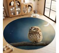 Washable Round Rugs 60 cm Round Area Rug Fantasy Style Small Owl Crescent Moon Non Slip Circle Low-Pile Floor Carpet, Blue Doormat Soft Rug for Living Room Dinning Room Bedroom