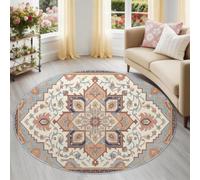 Washable Round Rugs 80 cm Low Pile Area Rug Oriental Bohemian | Multicolour Soft Non Slip Circle Rugs for Bedroom, Geometric Flowers Vines Lines Printed Non Shedding Carpet for Living Room