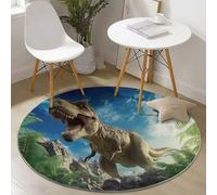 Washable Round Rugs 90 cm, 3D Tyrannosaurus Vines Pattern Non-slip Round Area Rug for Living Room, Blue Soft Low-Pile Circle Carpet for Under Dining Table